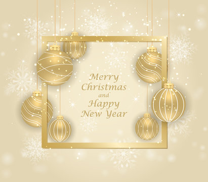 Merry Christmas and Happy New Year. Beautiful gift card with golden balls. Elegant golden background for christmas design.