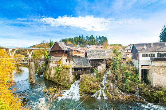      Village of Rastoke near Slunj in Croatia, old water mills on waterfalls of Korana river, beautiful countryside landscape 