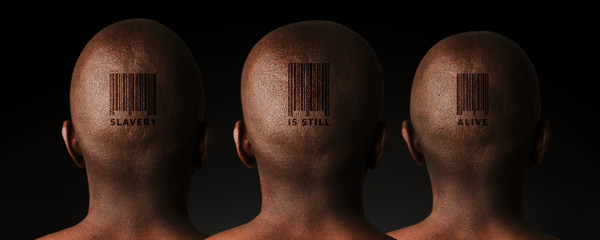 Illustrative image of three African men with retail barcode tattoos.