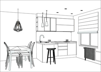 3D vector sketch. Modern kitchen design in home interior. Kitchen sketch with decorations and appliances. Pendant light. Kitchen table in the room. Home Interior Design Software Programs.