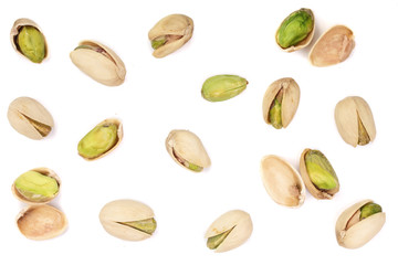 Pistachios isolated on white background, top view. Flat lay pattern