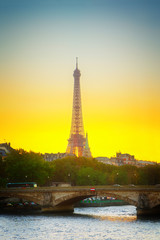 Fototapeta na wymiar Eiffel tower over Alexandre III Bridgeat at sunset, Paris, France, retro toned