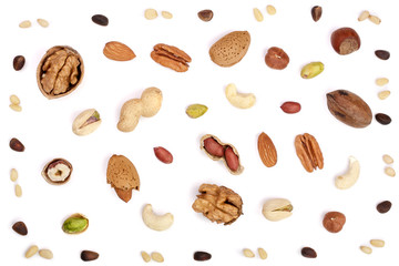 mix of different nuts isolated on white background, Flat lay pattern, Top view