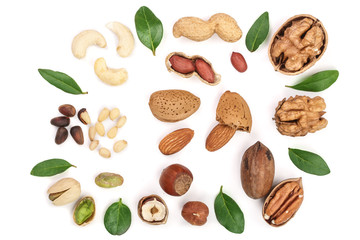 mix of different nuts with leaves isolated on white background, Flat lay pattern, Top view