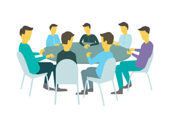Round table talks brainstorm. Team business people meeting conference seven people. White background stock illustration vector
