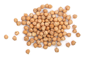 Dry raw organic chickpeas isolated on white background. Top view
