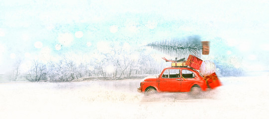 Joyeux Noël,voiture rouge et sapin dans la neige