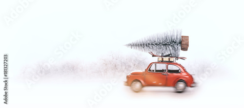 "Joyeux Noël,voiture rouge et sapin dans la neige" photo libre de