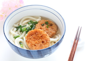 Japanese food, deep fried lotus root on udon noodles