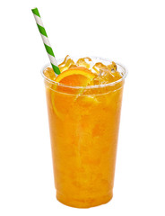 Orange juice with slice in takeaway cup isolated on white background