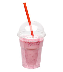 Strawberry milkshake in take away cup isolated on white background with clipping path