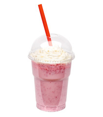 Strawberry milkshake in take away cup isolated on white background with clipping path