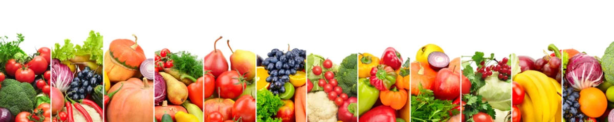 Poster Panoramic collection fresh fruits and vegetables isolated on white. © Serghei V