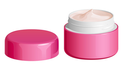 Открытая розовая баночка крема для лица или для рук, с крышкой рядом, изолированная на белом фоне