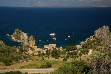 Fototapeta na wymiar View of the Tonnara from the town of Scopello, Trapani, Sicily, Italy