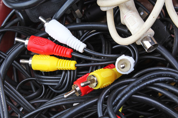 Cable texture. Cables background. Cable cord. Plug in audio video rca cables. Black red yellow.