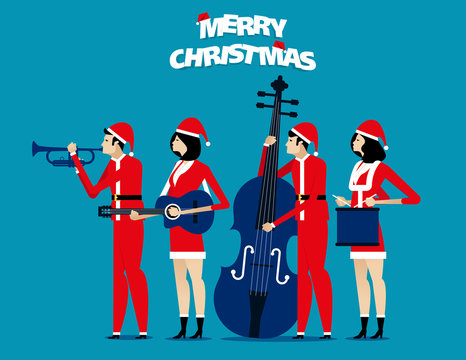 The Band. Santa team relax. Concept holiday vector illustration. Flat character design style.