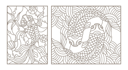 Set contour illustrations of stained glass with gold fish , black contour on white background