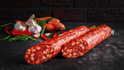 Variety of dry cured Spanish pork chorizo sausages made with paprika and garlic