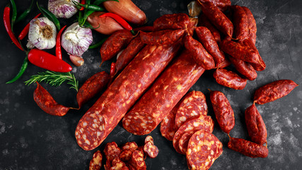 Variety of dry cured Spanish pork chorizo sausages made with paprika and garlic