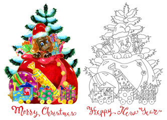 Set with funny puppy in Santa bag. Hand drawn illustration for poster, greeting card, invitation