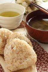 Japanese food, homemade sesame and soy sauce rice ball
