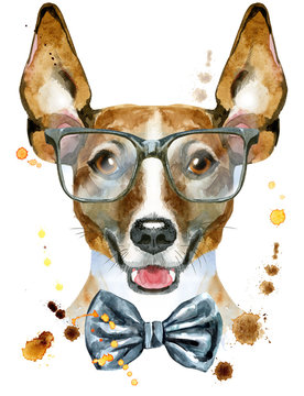Watercolor portrait of jack russell terrier with bow-tie and glasses