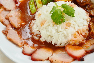 barbecue and crispy pork dressing sweet red gravy sauce on rice