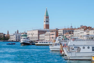 Fototapeta premium italy city travel background with sea, boat, building. image for architecture, landmark, landscape, europe, concept