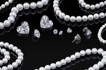 Luxury set white pearl necklace and jewelry with diamonds in earrings on a black background with...