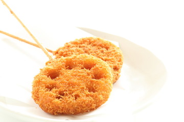Japanese food, lotus root and bread crumbs deep fried Kushiage