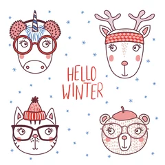 Keuken spatwand met foto Set of hand drawn cute funny portraits of cat, bear, deer, unicorn in different warm hats, text Hello winter. Isolated objects on white background. Vector illustration. Design concept for children. © Maria Skrigan