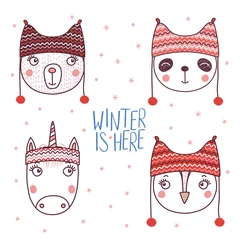 Rolgordijnen Set of hand drawn cute funny portraits of bear, panda, unicorn, owl in different warm hats, text Winter is here. Isolated objects on white background. Vector illustration. Design concept for kids. © Maria Skrigan