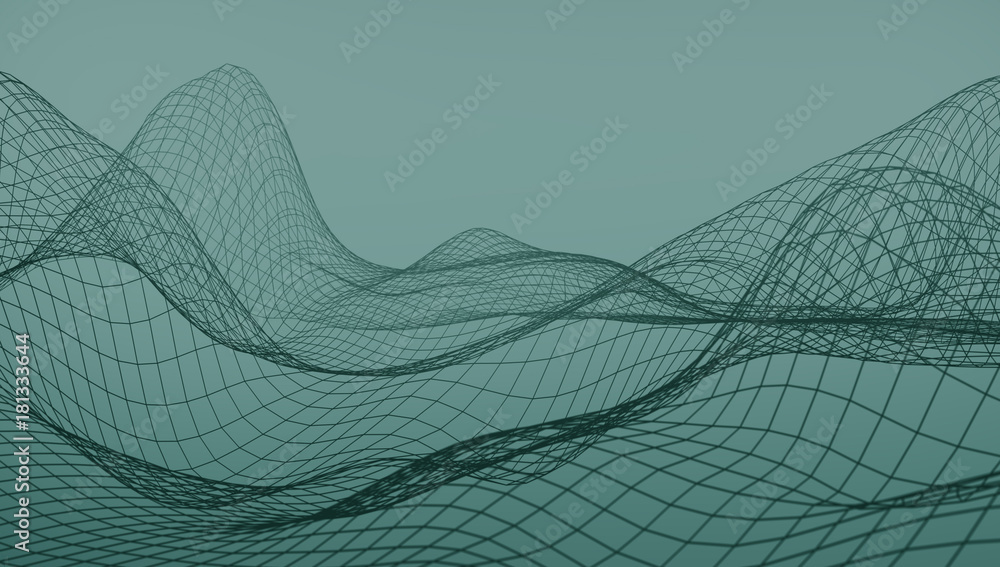 Poster abstract landscape background. mesh structure. polygonal wave wireframe background. 3d rendering