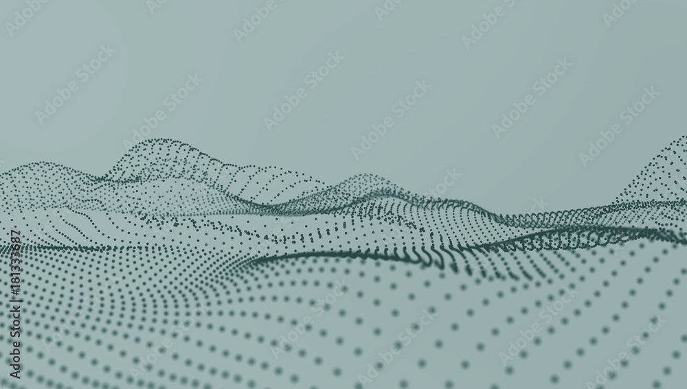 Poster abstract landscape background with dots. polygonal wave wireframe background. 3d rendering