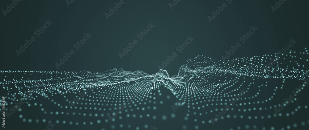 Poster 3d wavy background. landscape background. abstract design template. array with dynamic emitted parti