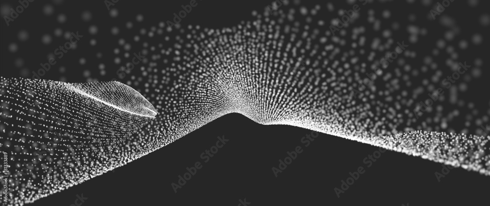 Poster 3d wavy background. abstract design template. array with dynamic emitted particles. abstract science