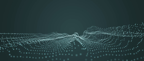 3D Wavy Background. Landscape background. Abstract design template. Array with Dynamic Emitted Particles. Abstract Science or Technology Background. Graphic Design. 3d illustration.