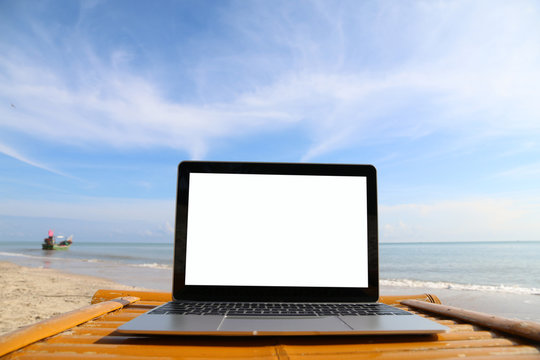 screen Laptop computer Workspace background summer on the beach