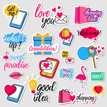 Collection of flat design social network stickers. Set of stickers, pins, patches and badges vector illustration. Stickers for mobile messages, chat, social media, online communication, networking