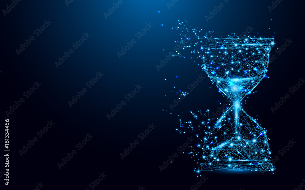 Wall mural Hourglass icon from lines and triangles, point connecting network on blue background. Illustration vector