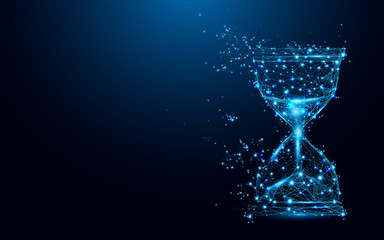 Fototapeta Hourglass icon from lines and triangles, point connecting network on blue background. Illustration vector obraz
