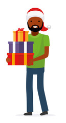 Happy man in christmas hat with a gift for a holiday. African american family. Vector illustration in flat cartoon style