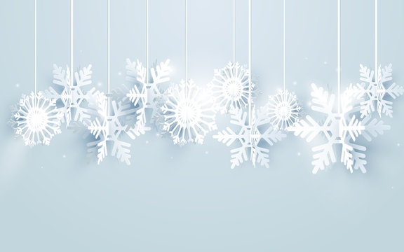 Merry Christmas and Happy new year with snowflakes hanging on white background