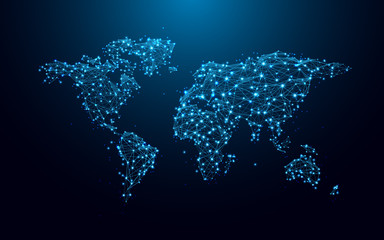world map from lines and triangles, point connecting network on blue background. Illustration vector