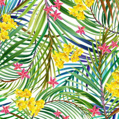 Watercolor tropical nature background. Tropical leaves, flowers and butterfly. watercolor summer floral background