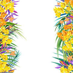 Fototapeta na wymiar Watercolor tropical nature background. Tropical leaves, flowers and butterfly. watercolor summer floral background