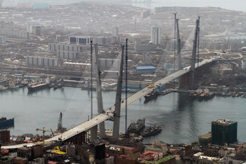 Obraz premium The Zolotoy Golden Bridge is cable-stayed bridge across the Zolotoy Rog (Golden Horn) in Vladivostok, Russia