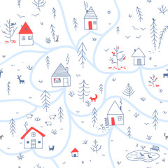 houses in winter forest seamless pattern with animals blue colors