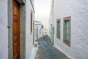 Evening in the streets of Patmos island, Dodecanese, Greece 